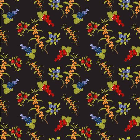 Berries set isolated on dark background. Seamless pattern. Design element for wrapping paper or fabric.のイラスト素材