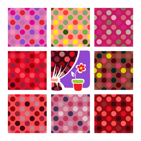 Floral colorful geometric seamless patterns set. Textile prints for pillows and curtains. Cartoon window with flower.のイラスト素材