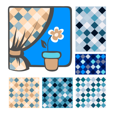 Floral colorful geometric seamless patterns set. Textile prints for pillows and curtains. Cartoon window with flower.のイラスト素材