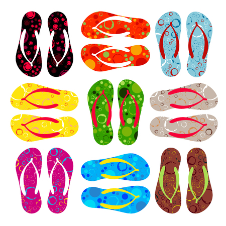 Beach colorful flip flops collection isolated on white background. Design elements for banners or flyers.のイラスト素材