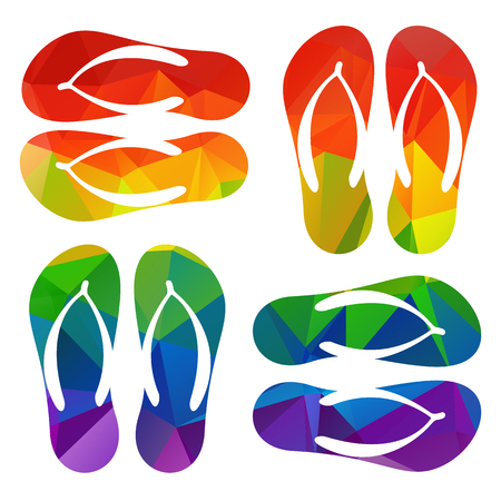 Polygonal beach colorful flip flops collection isolated on white background. Design elements for banners or flyers.のイラスト素材