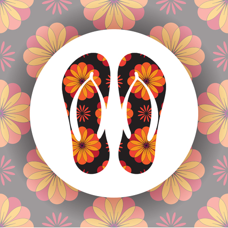 Beach colorful flip flops on floral background. Design elements for banners or flyers.のイラスト素材