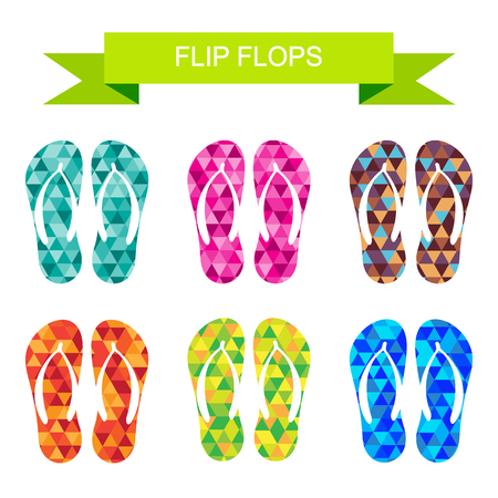 Beach colorful flip flops collection isolated on white background. Design elements for banners or flyers.のイラスト素材