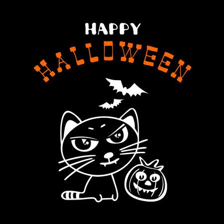 Halloween poster or greeting card with pumpkins and black cat  silhouettes isolated on black background. Holiday illustration with lettering.のイラスト素材