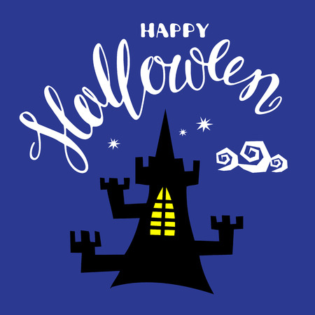 Halloween poster or greeting card with sinister castle silhouette isolated on blue background. Holiday illustration with lettering.のイラスト素材