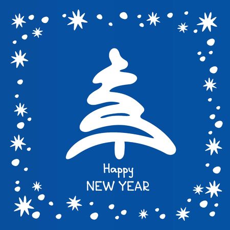 Christmas tree and stars on blue winter background. Holiday illustration. Design element for greeting cards. Hand drawn style.のイラスト素材