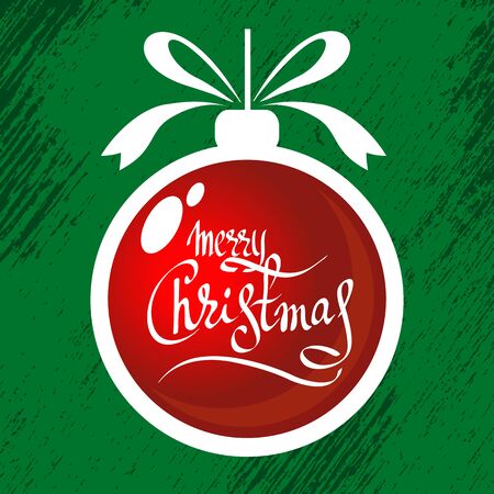 Red Christmas ball with lettering isolated on grunge green background. New Year illustration.のイラスト素材