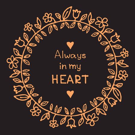 Hand drawn circle floral border isolated ondark background. Design element for home decor, photo frames, branding, greeting cards, textile prints. Valentines illustration.のイラスト素材