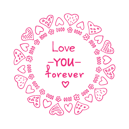 Hand drawn Valentines hearts border with lettering  isolated on white background. Design element for greeting cards and holiday decorations. Valentines Day  illustration.のイラスト素材