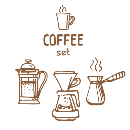 Set of doodle hand drawn sketches isolated on white background. Filter coffee pot, french press and cezve. Design elements for cafe menu, fliers and chalkboards.のイラスト素材