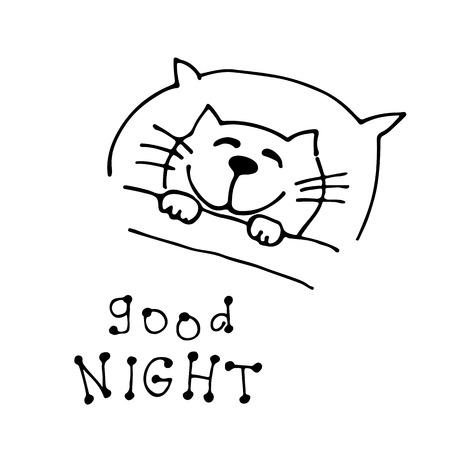 Cute doodle cat isolated on white background. Child drawing style. Design elements for textile print, fun greeting cards and kids coloring.のイラスト素材