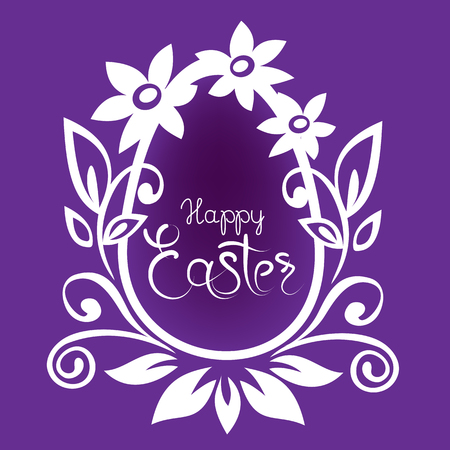 Frame with Easter egg and flowers pattern with lettering isolated on ultra violet background. Design elements for greeting cards or flyers.のイラスト素材