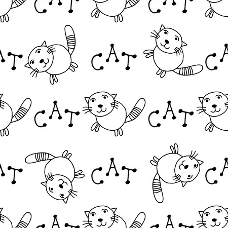 Cute doodle cats seamless pattern. Child drawing style. Design element for textile print and fun greeting cards.のイラスト素材