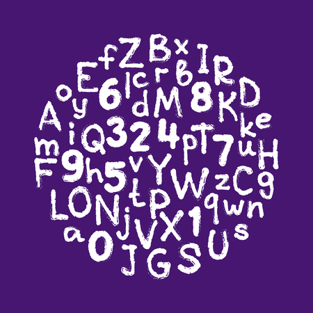 Circle frame with hand drawn letters and numbers set. Handwritten vector alphabet isolated on ultra violet background. Trendy design element.のイラスト素材