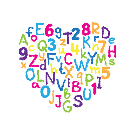 Heart frame with colorful hand drawn letters and numbers set. Handwritten vector alphabet isolated on white background. Trendy design element.のイラスト素材