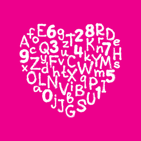 Heart frame with hand drawn letters and numbers set. Handwritten vector alphabet isolated on pink background. Trendy design element.のイラスト素材