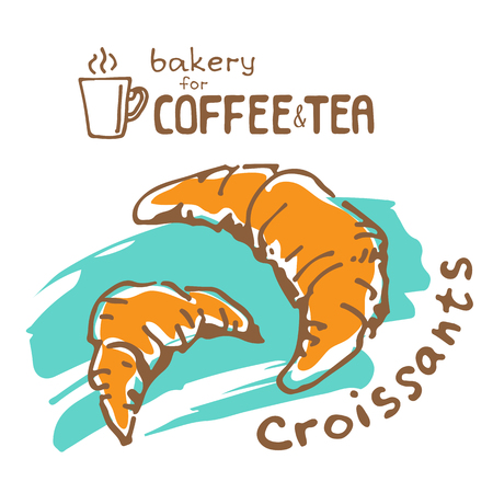 Doodle hand drawn sketch isolated on white background. Fresh bakery for coffee or tea: croissant. Design elements for cafe menu, fliers and chalkboards.のイラスト素材