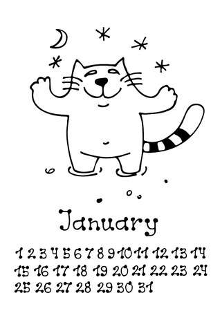 Cute doodle cat isolated on white background. Wall monthly calendar 2018 with numbers. Hand drawing style.のイラスト素材