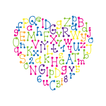 Heart frame with colorful hand drawn letters and numbers set. Handwritten vector alphabet isolated on white background. Trendy design element.のイラスト素材