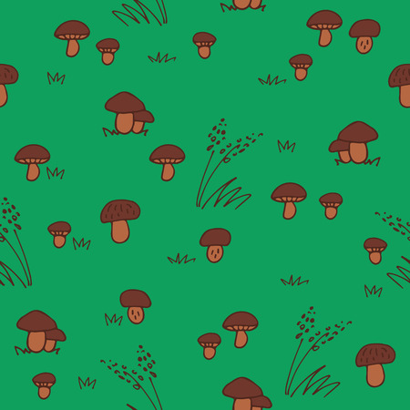 Green summer forest. Seamless pattern with mushrums and grass. Hand drawn style. Design element for textile print or gift wrap.のイラスト素材