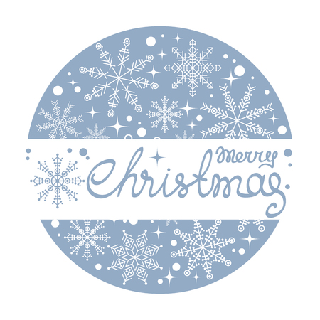 Merry christmas lettering on blue snow background. New Year and Christmas illustration. Design element for greeting cards and decoration.のイラスト素材