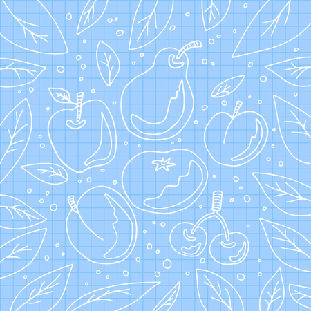 Hand drawn fruits set on squared paper sheet. Doodle style. Design elements for poster or print.のイラスト素材