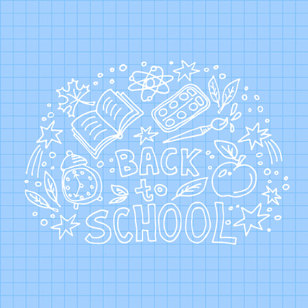 Concept of education. School background with hand drawn school symbols with Back to School lettering.のイラスト素材