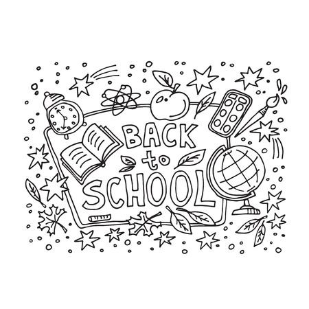 Concept of education. School background with hand drawn school symbols with Back to School lettering.のイラスト素材