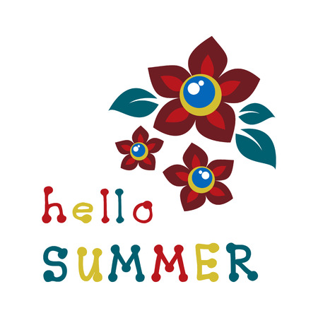 Flowers and hello summer hand drawn lettering isolated on white background. Design element for greeting cards or posters. Vector illustration.のイラスト素材