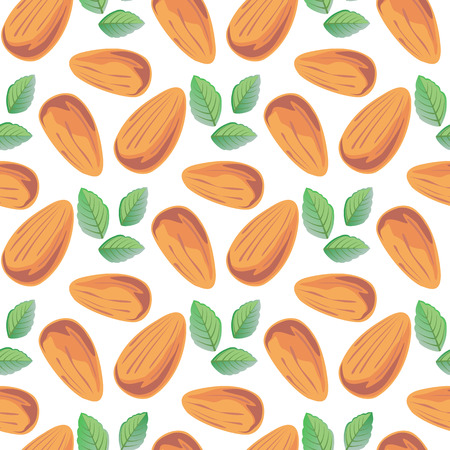 Almond and mint leaves. Organic food and health food symbols. Seamless pattern.のイラスト素材