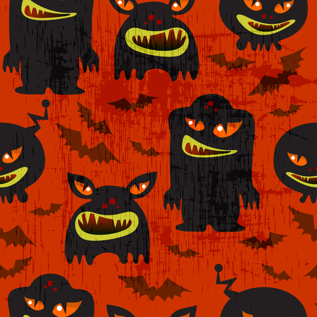 Cute scary Halloween monsters with bats on orange background. Seamless pattern. Flat style. Design element wrapping paper, wallpaper or textile print.のイラスト素材