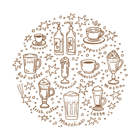 Circle frame with coffee drinks isolated on white background. Doodle style. Design element for cafe menu, leaflets, stickers or magnets.のイラスト素材