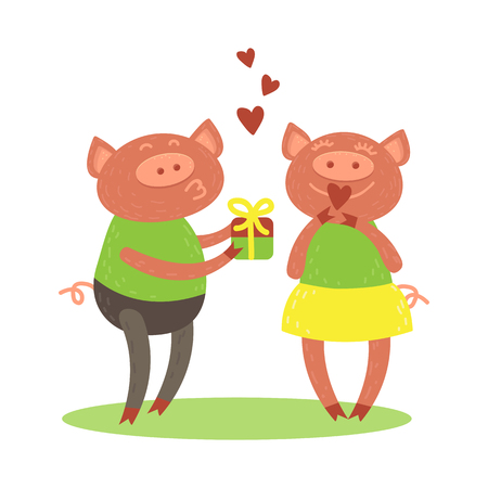 Couple of funny piglets with gifts on whiteのイラスト素材