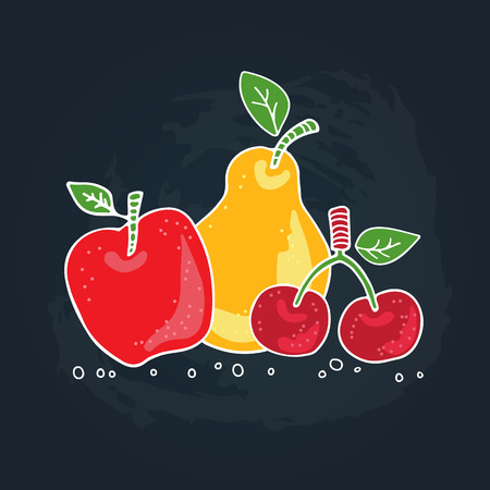 Hand drawn apple, pear and cherry isolated on dark background. Doodle style. Design elements for leaflet, booklet or cover. Hand drawn style.のイラスト素材