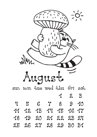 Calendar page with cute doodle cat isolated on white background. Wall monthly calendar or desk calendar 2019. August Month. Hand drawing style.のイラスト素材