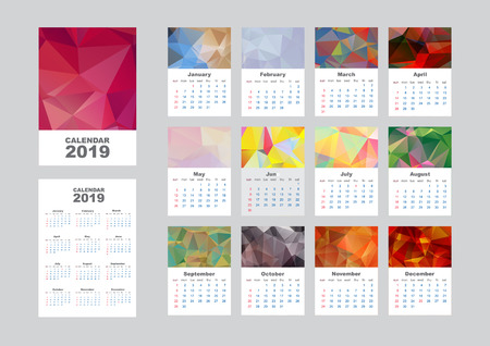 Wall monthly calendar or desk calendar 2019 with abstract pattern. Calendar sheets and cover. Vector illustration.のイラスト素材