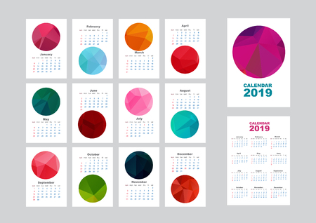 Wall monthly calendar or desk calendar 2019 with abstract pattern. Calendar sheets and cover. Vector illustration.のイラスト素材