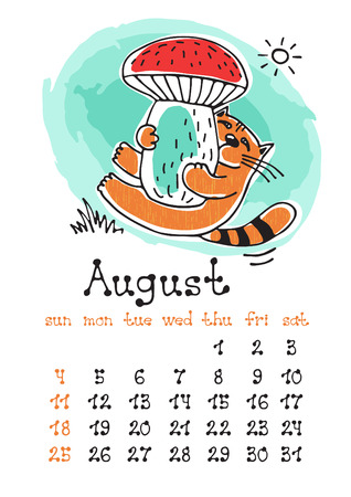 Calendar page with cute doodle cat isolated on white background. Wall monthly calendar or desk calendar 2019. August Month. Hand drawing style.のイラスト素材