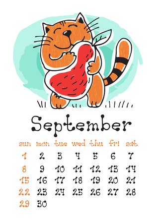 Calendar page with cute doodle cat isolated on white background. Wall monthly calendar or desk calendar 2019. September Month. Hand drawing style.のイラスト素材