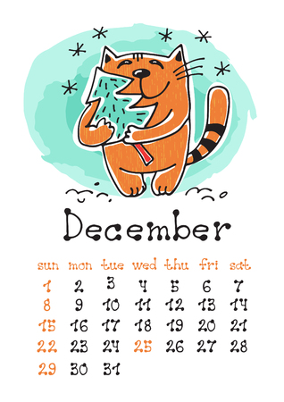 Calendar page with cute doodle cat isolated on white background. Wall monthly calendar or desk calendar 2019. December Month. Hand drawing style.のイラスト素材