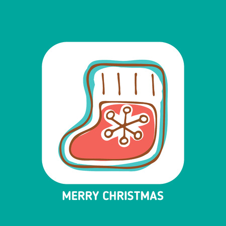 Cute gingerbread Christmas stocking isolated on white background. Doodle style. Design element for greeting card, leaflet, poster, magnet or sticker. Holiday symbol.のイラスト素材