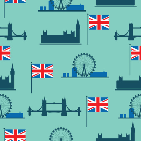 Set of London main attractions isolated on blue background. Seamless pattern. Design element for fabric, wrapping paper, wall paper, flyers or posters. Flat design.のイラスト素材