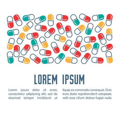 Template with colorful medical pills on white background. Design element for leaflet, poster or cover. Vector illustration in flat style.のイラスト素材