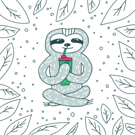 Cute sloth with coffee on white background with leaves. Hand drawn style. Design element for greeting cards, leaflets or booklets.のイラスト素材