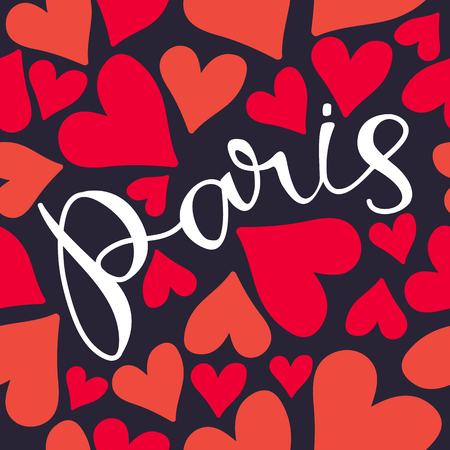Paris hand drawn lettering with red hearts. Seamless pattern. Design element for fabric, wallpaper or wrapping paper. Romantic illustration.のイラスト素材