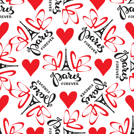 Paris hand drawn lettering with Eiffel Tower silhouette. Seamless pattern. Design element for fabric, wallpaper or wrapping paper. Romantic illustration.のイラスト素材