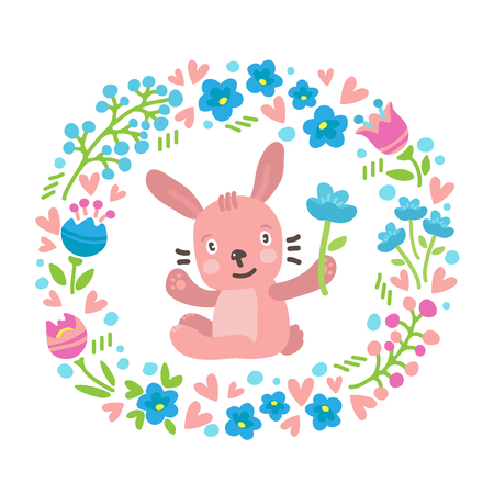 Funny cute Easter rabbit with floral border isolated on white background. Holiday vector Illustration. Design elements for stickers, magnets, greeting cards or craft books.のイラスト素材