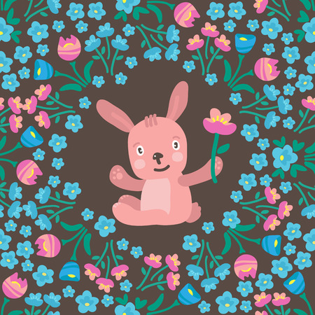 Funny cute Easter rabbit with floral border on dark background. Holiday vector Illustration. Design element for leaflets, covers, greeting cards or craft books.のイラスト素材