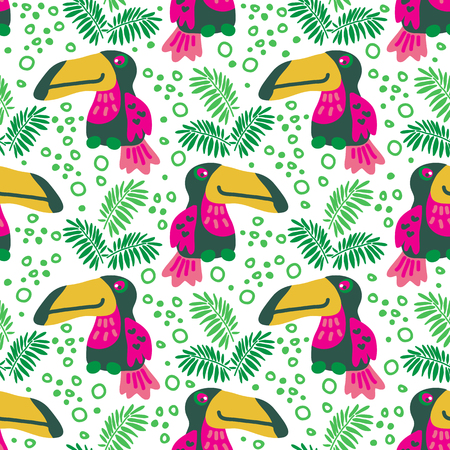 Tropical leaves and birds. Seamless pattern. Flat vector Illustration. Design element for fabric, wallpaper or gift wrap.のイラスト素材