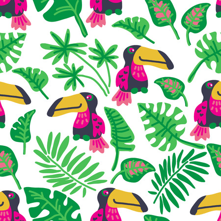 Tropical leaves and birds. Seamless pattern. Flat vector Illustration. Design element for fabric, wallpaper or gift wrap.のイラスト素材